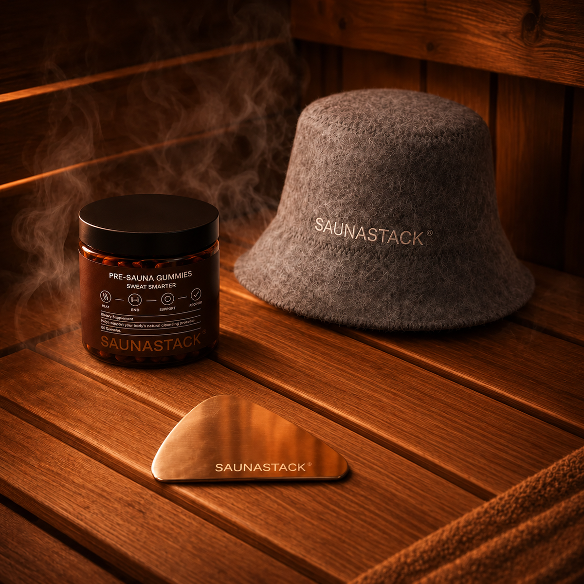 SaunaStack Pre-Sauna Gummies, HeatCap and Detox Scraper on a sauna bench